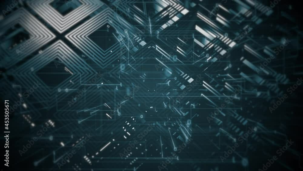 Dark technology background with rotating tech squares and flowing ...