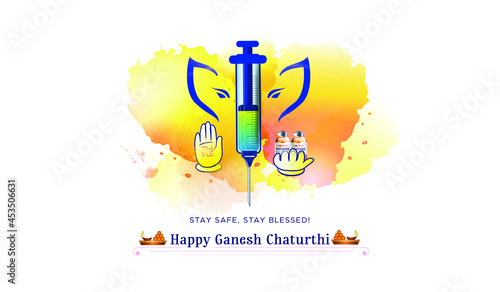 Concept for Ganesh Chaturthi festival background with corona covid 19 vaccine syringe injection and mask