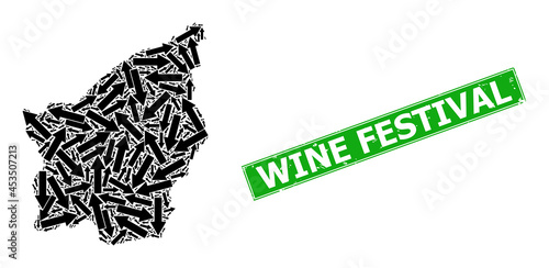 Grunge Wine Festival seal, and San Marino map mosaic of direction arrow icons. Green rectangle stamp seal has Wine Festival title inside rectangle.