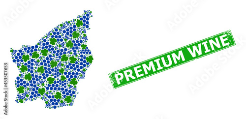 Grunge Premium Wine stamp seal, and San Marino map mosaic of grape bunch icons. Green rectangle seal has Premium Wine title inside rectangle.