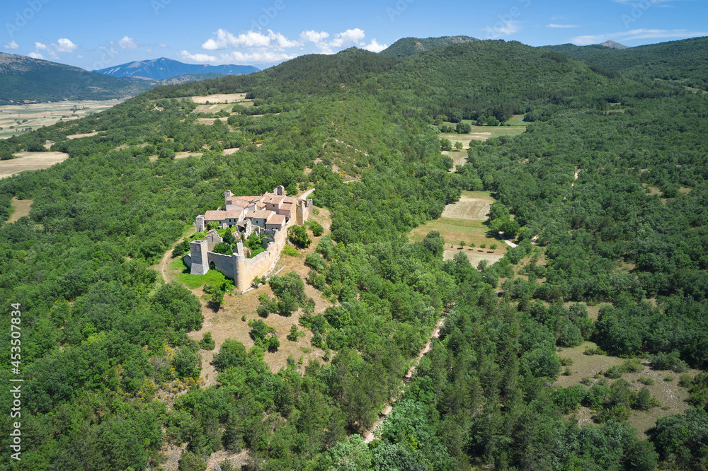 aerial view medieval castle camponeschi abruzzo