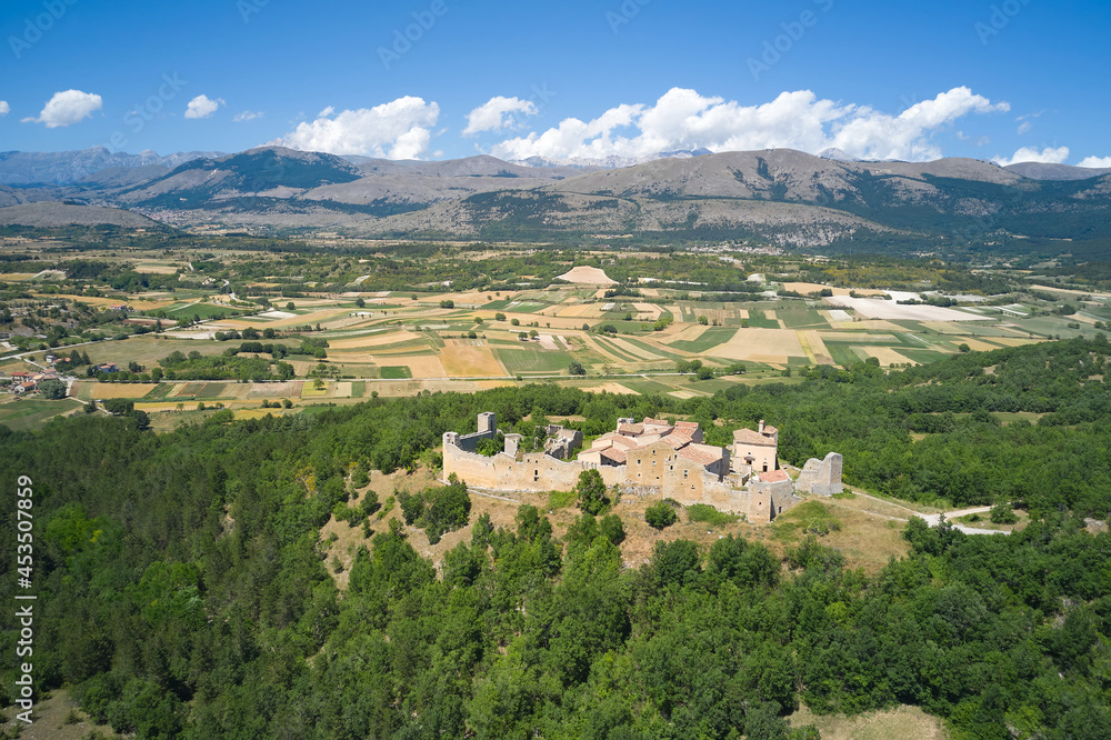extended panoramic aerial view of the medieval castle camponeschi abruzzo