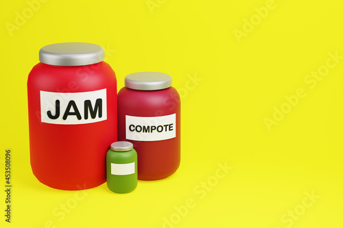 Glass red jars of jam and compote, 3d illustration
