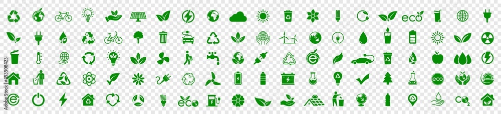 Ecology icon set. Eco green friendly icon, nature green icons set on transparent background. Vector illustration - obrazy, fototapety, plakaty 