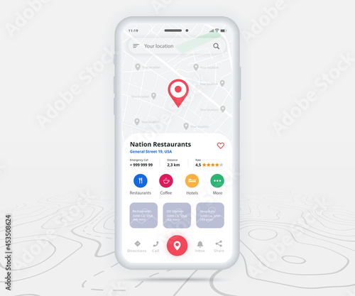 Map GPS navigation, Smartphone map application and red pinpoint screen, App search map navigation, Technology map, City navigation maps, City street, gps tracking, Location tracker, Vector