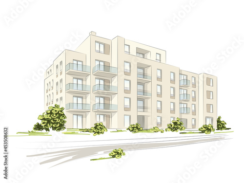 Vector linear project of block of flats. Architectural concept sketch of modern house.