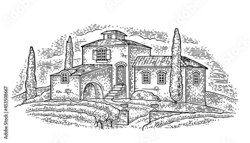 Rural landscape with villa or farm with field, vineyard and cypress. Vector engraving
