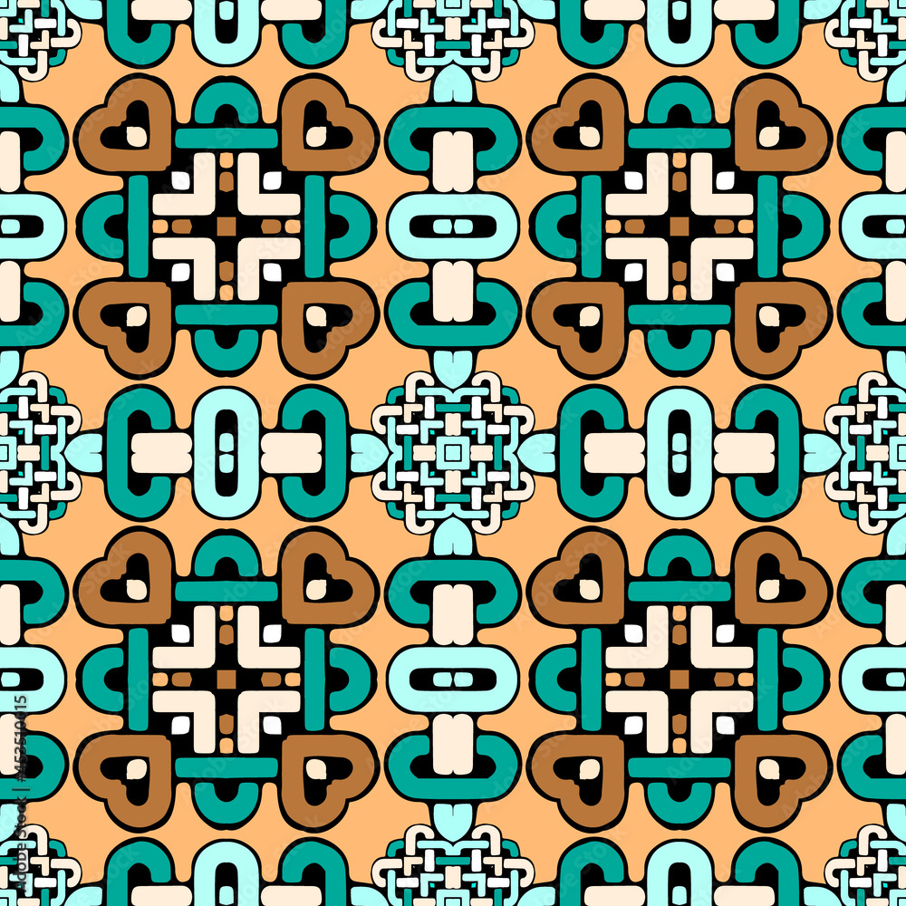 Tribal ethnic seamless pattern. Ornamental intricate background. Repeat colorful patterned backdrop. Geometric celtic style braided ornaments with folk elements. Symmetrical abstract vector design
