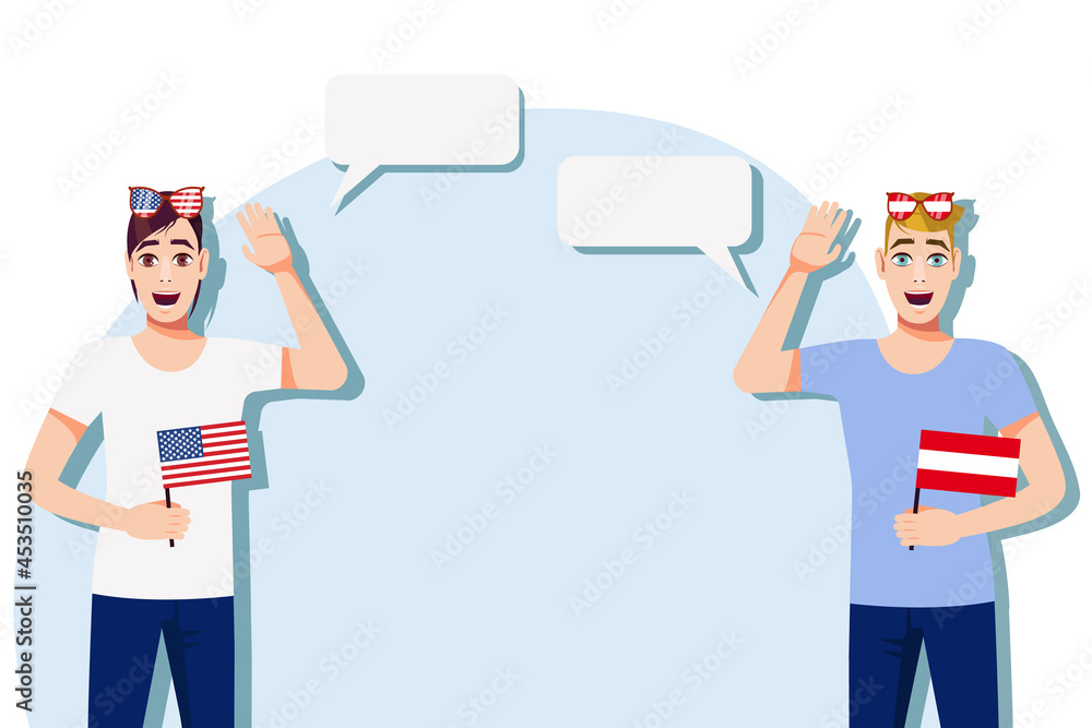 The concept of international communication, sports, education, business between the USA and Austria. Men with American and Austrian flags. Vector illustration. The concept of international communication, sports, education, business between the USA and Austria. Men with American and Austrian flags. Vector illustration.