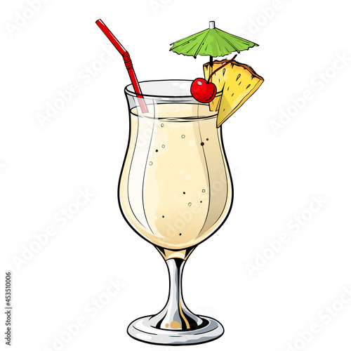 Pina Colada cocktail, hand drawn alcohol drink with pineapple slice and cherry. Vector illustration on white background