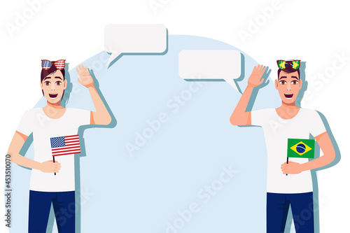 Men with American and Brazilian flags. Background for text. Communication between native speakers of the USA and Brazil. Vector illustration.