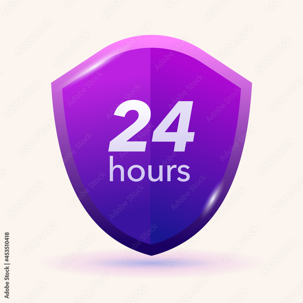 Violet protection shield with 24 hours text. Vector illustration for online marketing and business. Tag for delivery, security and protection. Template for website, mailing or poster. Violet protection shield with 24 hours text. Vector illustration for online marketing and business. Tag for delivery, security and protection. Template for website, mailing or poster.