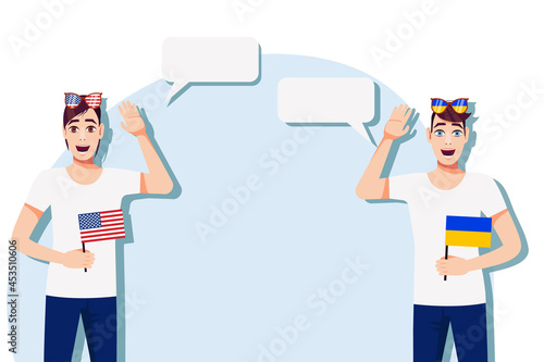 Men with American and Ukrainian flags. Background for text. Communication between native speakers of the USA and Ukraine. Vector illustration. 