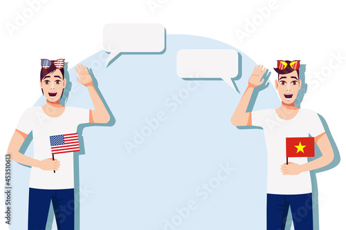 The concept of international communication, sports, education, business between the USA and Vietnam. Men with American and Vietnamese flags. Vector illustration.