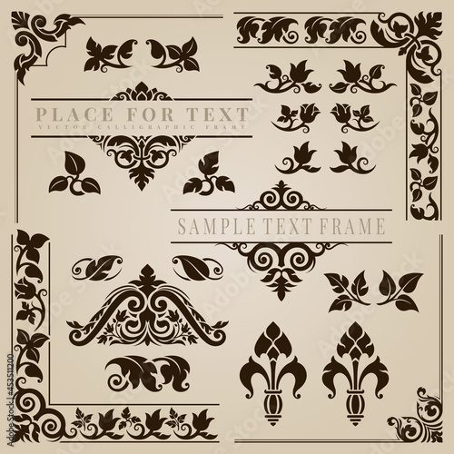 Calligraphic frame corner in the style of applied thai art patterns. Classic ornament element. Decorative designs for logo, text, cover, card, poster, flyer, brochure, wall. Vector illustration.