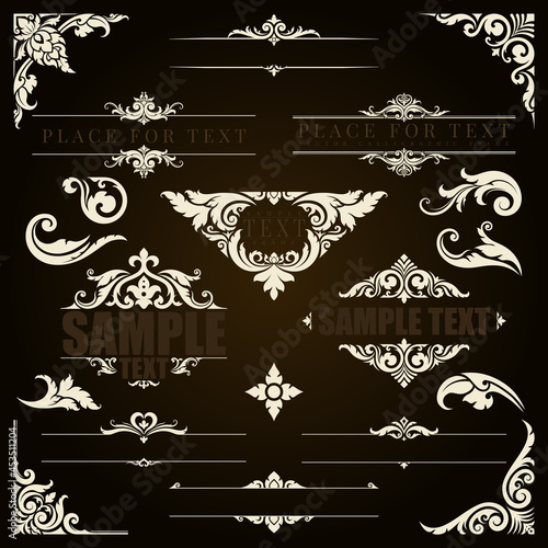 Calligraphy border corner in the style of applied thai art patterns. Classic ornament element. Decorative designs for logo, text, cover, card, poster, flyer, brochure, wall. Vector illustration.