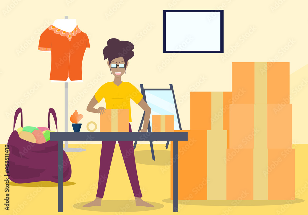 Concept Online seller, blogger, online business. woman with short hair, dark skin, is packing clothes in a box. Vector flat style. Illustration for fashion clothing, product packaging, quarantine Concept Online seller, blogger, online business. woman with short hair, dark skin, is packing clothes in a box. Vector flat style. Illustration for fashion clothing, product packaging, quarantine