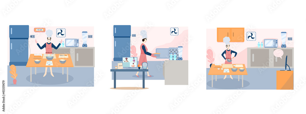 Concept set people making cake, relaxing activity holiday. woman making cake for eating In the kitchen during the holidays. Vector flat style. Illustration for food, restaurant, quarantine, study Concept set people making cake, relaxing activity holiday. woman making cake for eating In the kitchen during the holidays. Vector flat style. Illustration for food, restaurant, quarantine, study