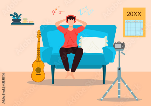 Concept influences music, relaxing, live stream. man sitting and relaxing on the sofa  After just playing the guitar. Vector flat style. Illustration for content online, sleep, rest, blogger, creator 
