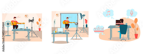 Concept Lifestyle influence, live music, blogger, set creator. Man sitting livestream, playing guitar, singing through camera in living room. Vector flat style. Illustration for content online. 