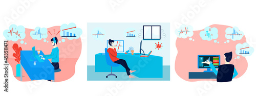 Fototapeta Naklejka Na Ścianę i Meble -  Concept set Investing and trading profitably. Young businessman watching Successful investment business. Vector flat style. Illustration for financial risks, investment profits, work home, quarantine