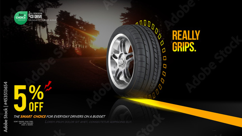 Tire shop vector banner of car wheel tyres with tread track price offer. Tire shop, spare parts and auto service discount promotion design. Editable graphic layout. Black Friday sale.