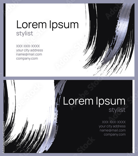 Template business cards for stylist or beauty salon with silver textured black and white vector illustration