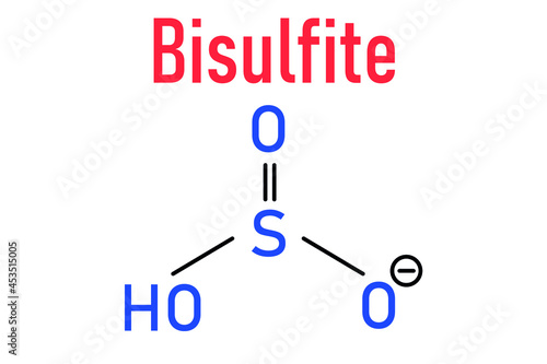Skeletal formula of Bisulfite anion, chemical structure. Common salts include sodium bisulfite (E222) and potassium bisulfite (E228), used as food preservatives.