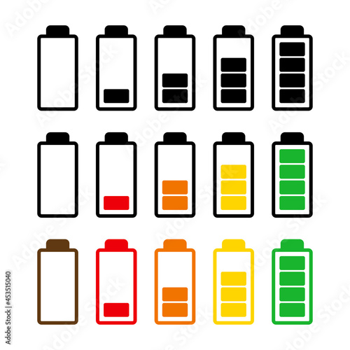Battery charge level icon set. Symbol of power indicator of mobile phone accumulator. Simple flat design. Vector illustration isolated on white.