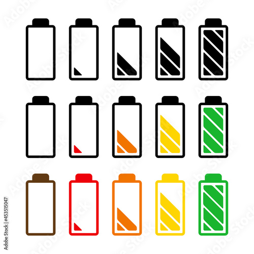 Battery charge level icon set. Symbol of power indicator of mobile phone accumulator.  Simple flat design. Vector illustration isolated on white.