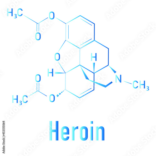 Heroin molecular structure isolated flat vector sign. Heroin (diacetylmorphine, morphine diacetate, diamorphine) opioid drug molecule.