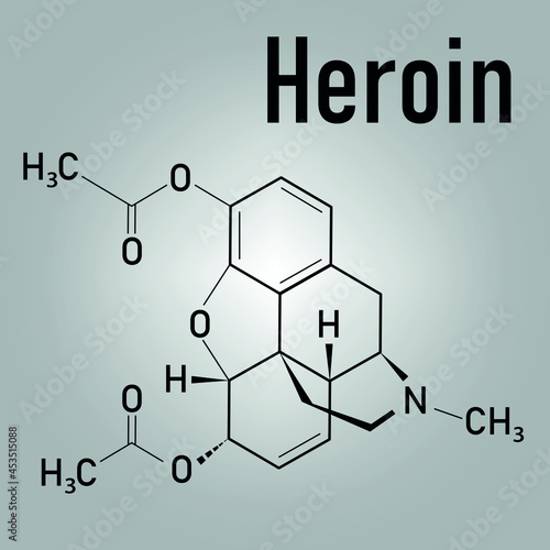 Heroin molecular structure isolated flat vector sign. Heroin (diacetylmorphine, morphine diacetate, diamorphine) opioid drug molecule.