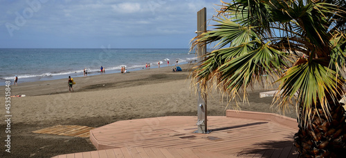 Palm tree and shower by the beach, Playa San Agustin, coast of Gran Canaria, Canary Islands, Spain