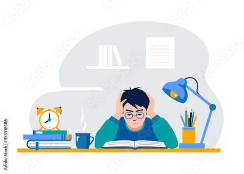 Student, pupil in the learning process, abstract flat vector illustration. The child sits at the table and studies, does homework with open books.