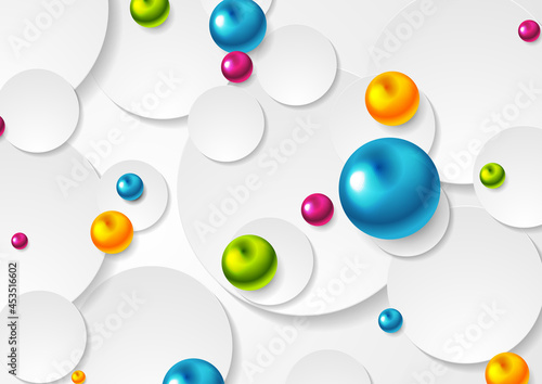 Colorful glossy beads and grey paper circles abstract tech background. Vector design
