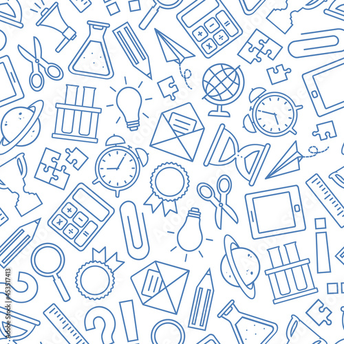 School seamless pattern, blue vector doodle stationery background. Education supplies texture. Hand drawn illustration