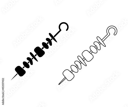 Shish kebab on skewer. Grilled meat on stick.  Silhouette and outline design. Vector illustration isolated on white.