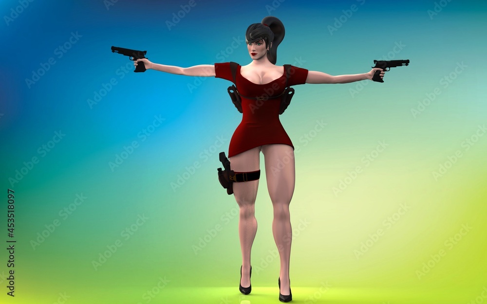 3d illustration of woman with pistols and shoulder holster 3d illustration of woman with pistols and shoulder holster