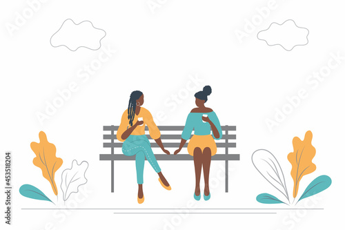 Young black women drink coffee on a bench in a park. They are chatting with each other. There are also plants and clouds in the picture. Flat style. Vector illustration