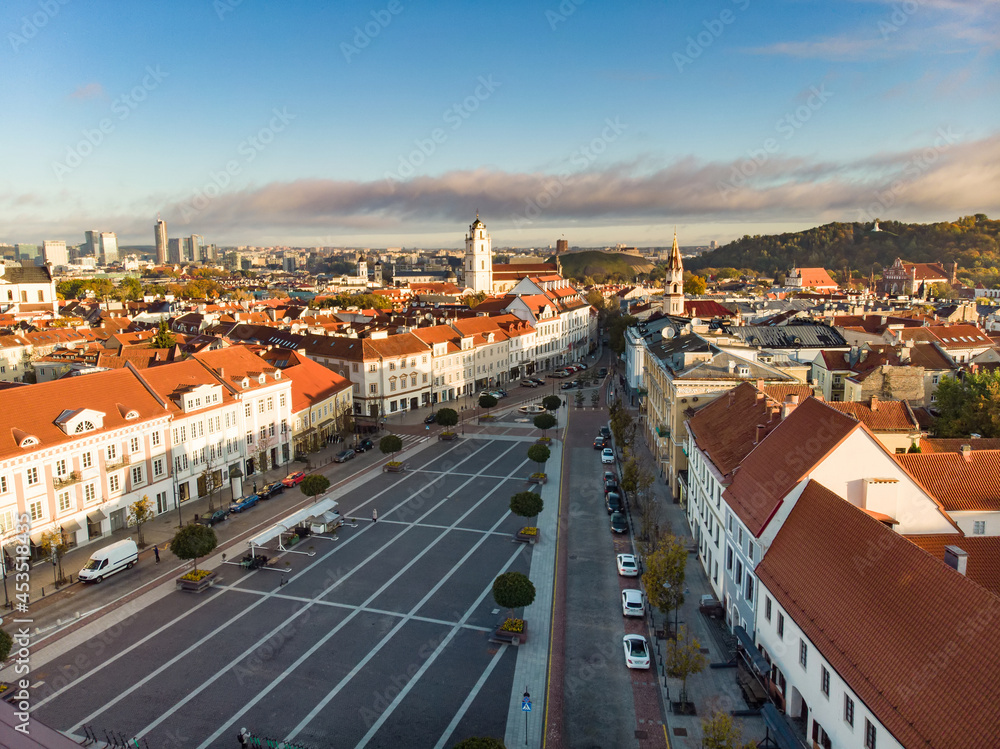 Aerial view of the Town Hall Square at the end of the Pilies Street, a traditional centre of trade and events in Vilnius.