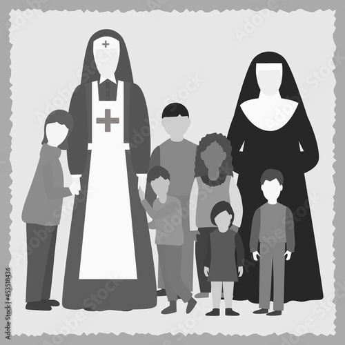 Nuns and orphans retro portrait. World Orphans Day. Group of multi-ethnic children standing with nun and sister of Mercy. Old photo Colorless vector illustration