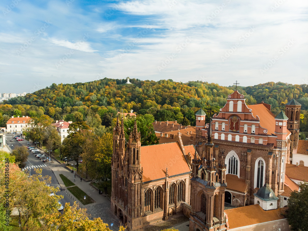 Aerial view of St. Anne Church and neighbouring Bernardine Church, one of the most beautiful and probably the most famous buildings in Vilnius.