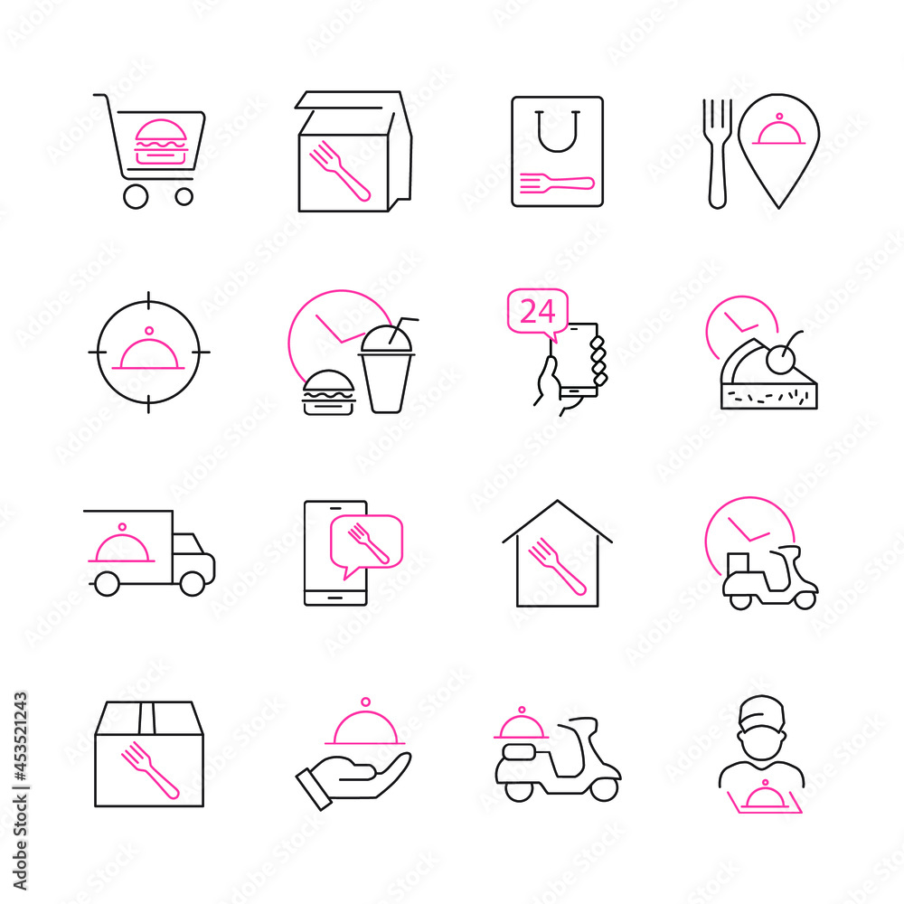 Food Delivery icons set. Food Delivery pack symbol vector elements for infographic web Food Delivery icons set. Food Delivery pack symbol vector elements for infographic web