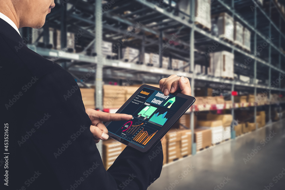 Warehouse management innovative software in computer for real time monitoring of goods package