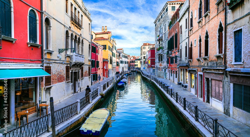 Venice town, Italy. Romantic venetian canals with narrow streets. Italy travel and landmarks