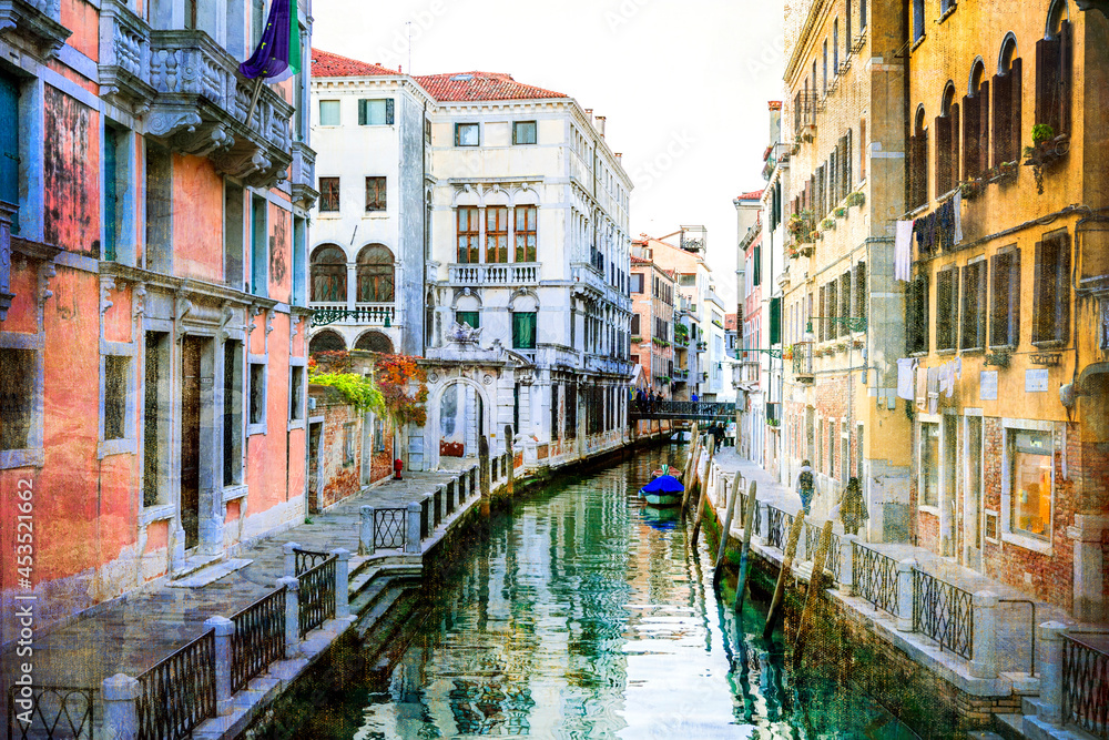 Venice, Italy. Romantic venetian canals with narrow streets.  Artistic picture in retro painting style