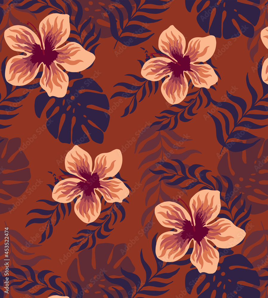 Fototapeta premium Tropical hibiscus flower design pattern, tropical vector pattern