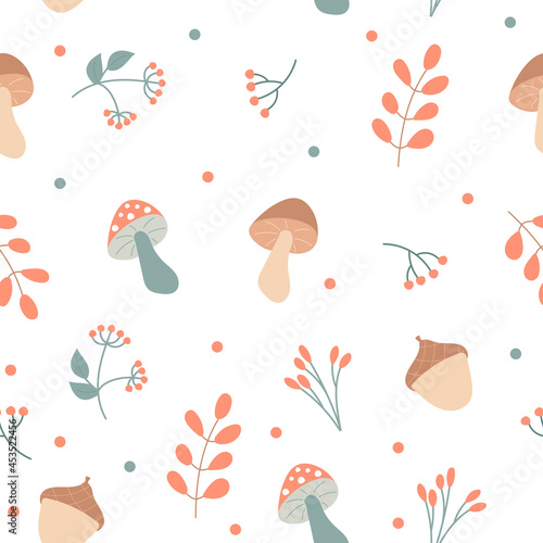Autumn elements - mushrooms and plants - on a white background. Endless pattern. Hand-drawn seamless texture for packaging, cards, textiles