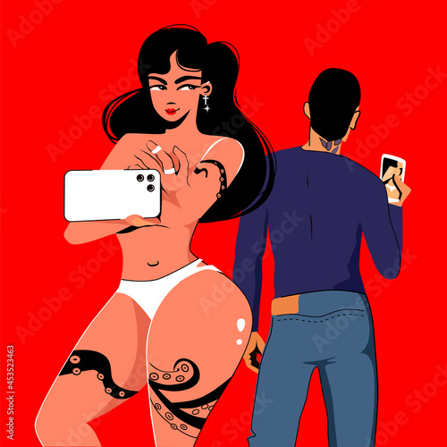 The girl takes intimate photos on her phone and sends them to her boyfriend. Vector illustration in grotex cartoon style isolated on red background