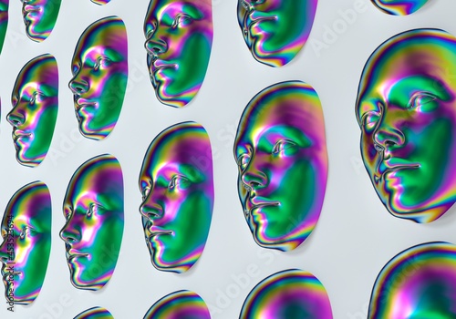 Surreal 3d illustration of multiple faces in a wall. Concept of AI and swarm intelligence.